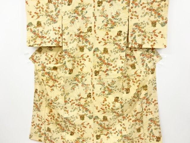 JAPANESE KIMONO / ANTIQUE KIMONO / SILK / JODAI TSUMUGI / FLOWER & CARRIAGE